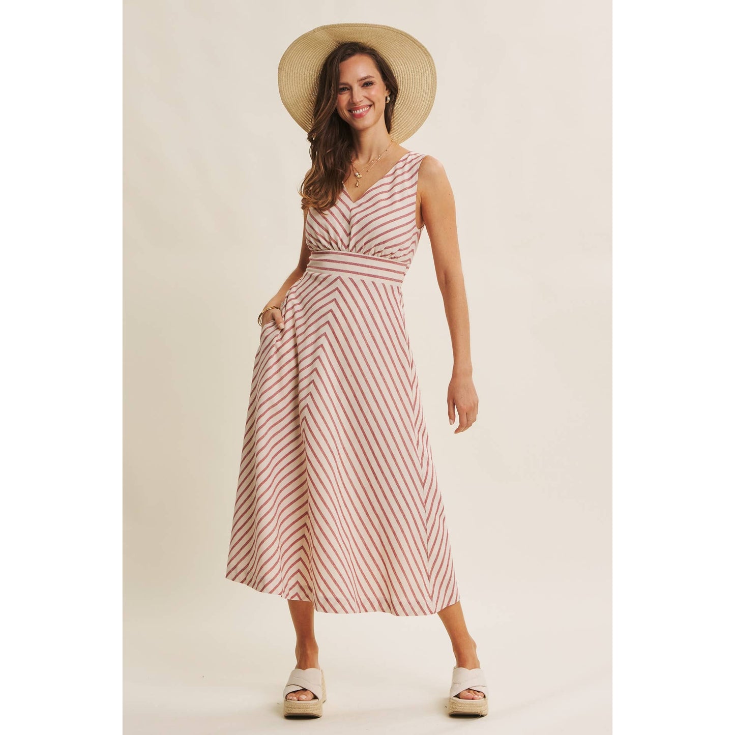 in february - SOFT-GLOW COTTON BLEND LUREX STRIPE FIT AND FLARE MIDI DRESS: RED / L