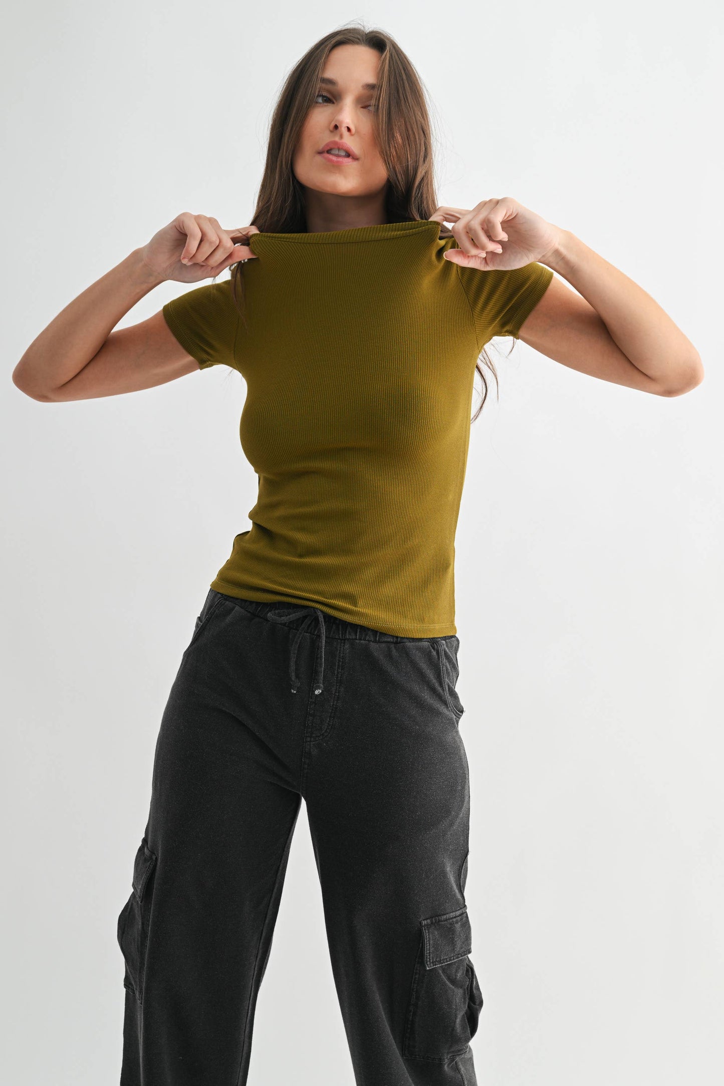 Mono B - Essential Short-Sleeved Micro-Ribbed Athleisure Top: DEEP FOREST / S:M:L (2:2:2)