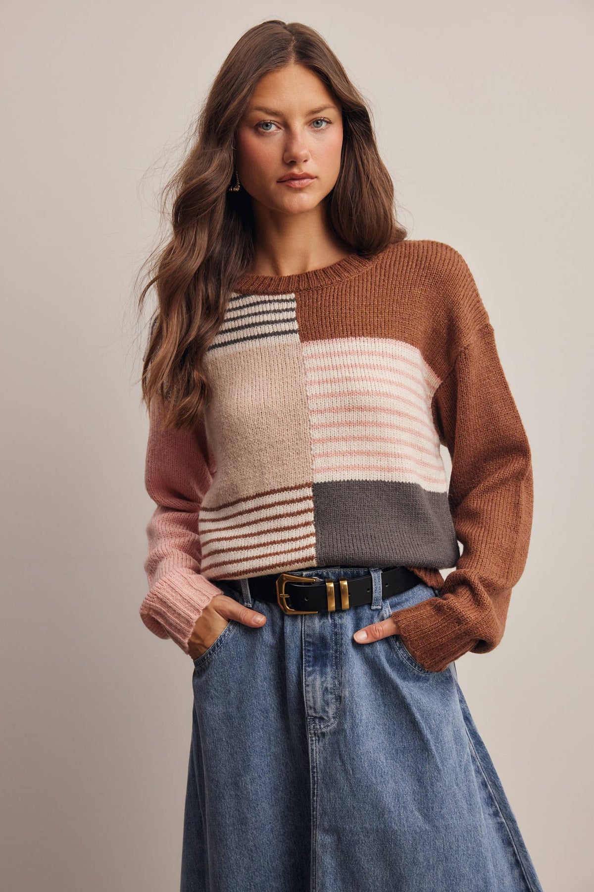 Forte - Colorblock Mixed Stripe Knit Sweater FSW0099: Blue Multi / Contemporary / M