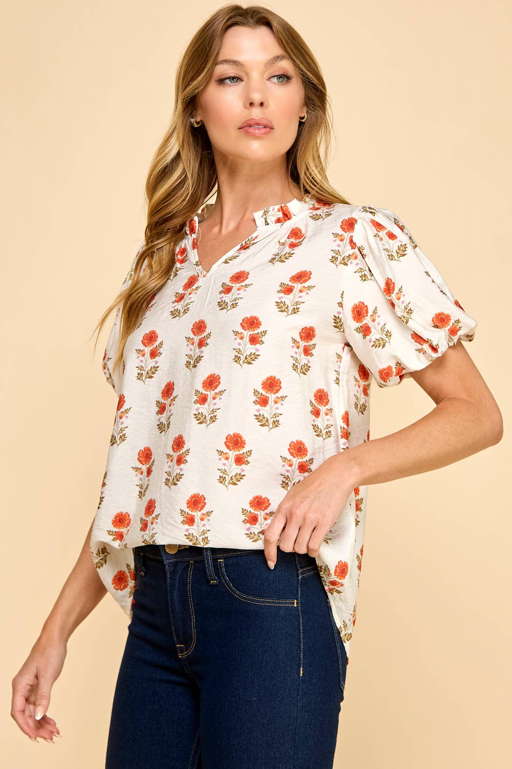 Les Amis - Floral Puff Sleeve Blouse: Off White / S
