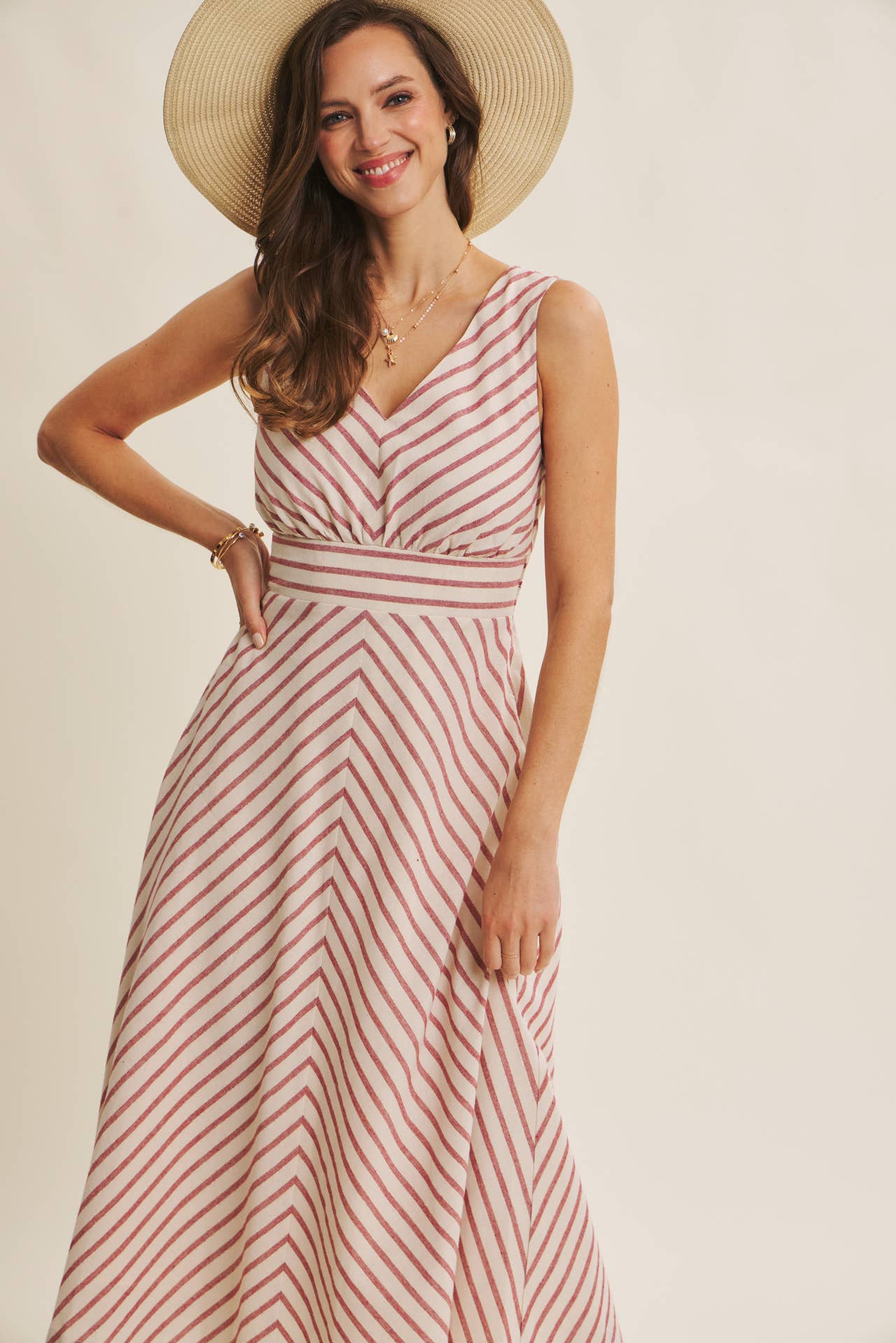 in february - SOFT-GLOW COTTON BLEND LUREX STRIPE FIT AND FLARE MIDI DRESS: RED / L