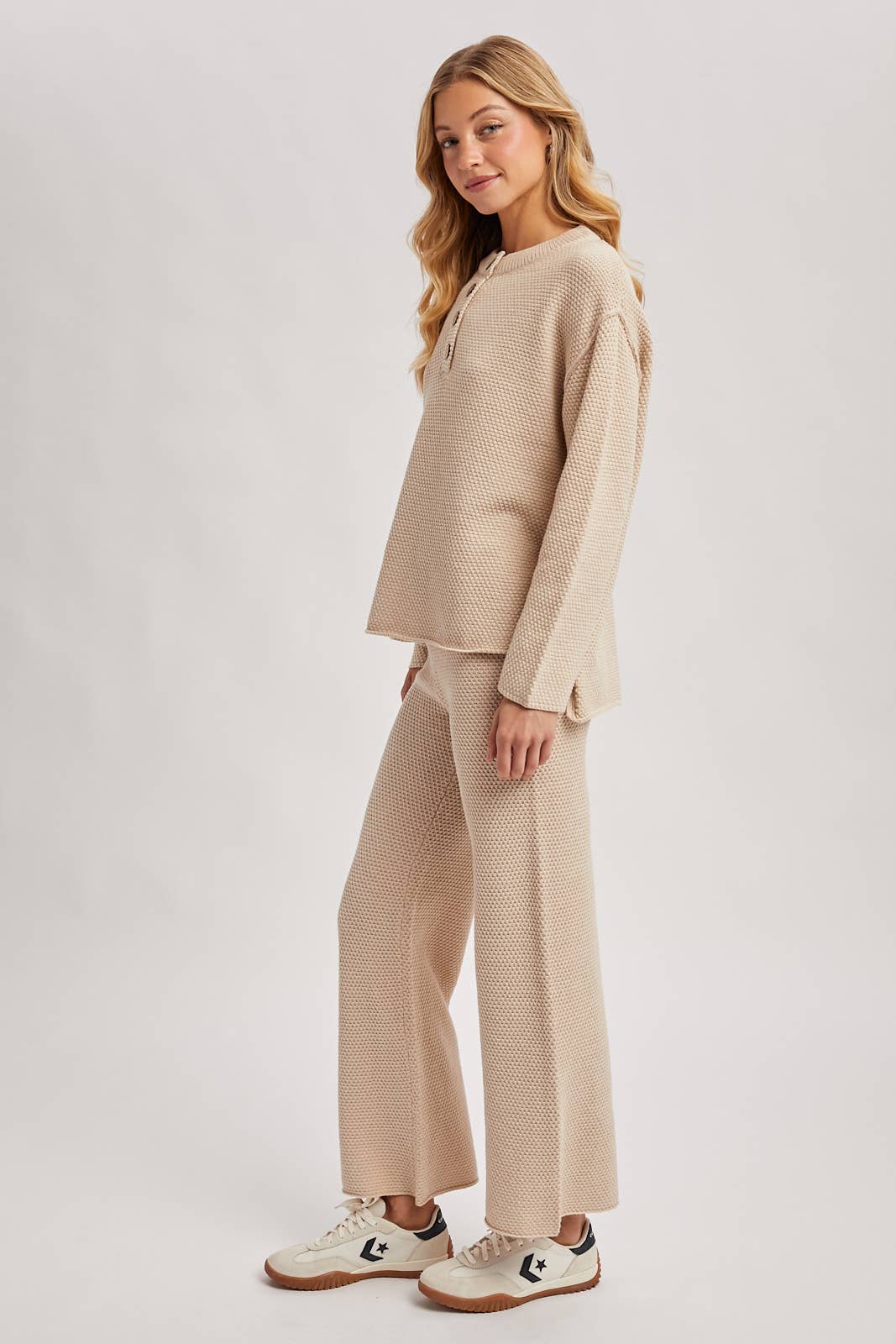 Textured Knit Top & Pant Set: OATMEAL