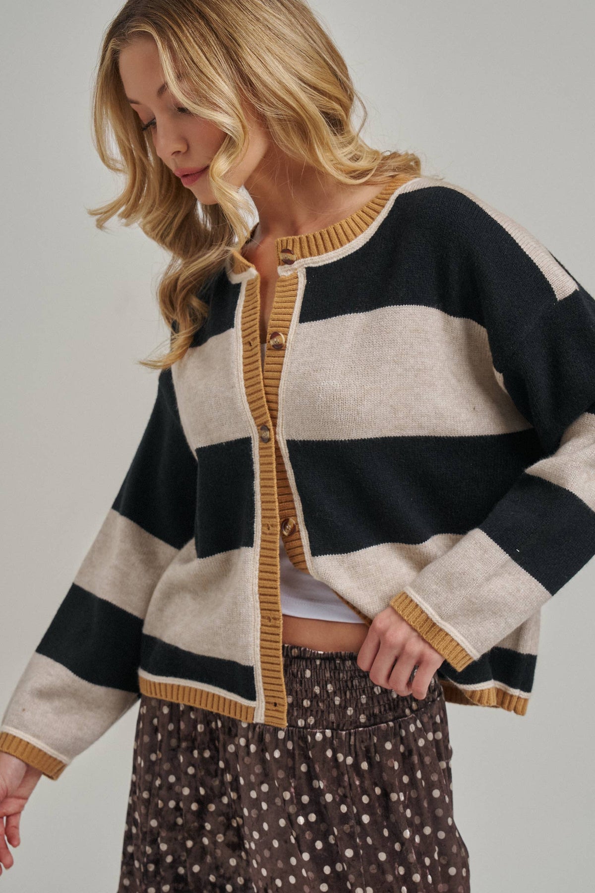 BON - WIDE STRIPE EVERYDAY COZY FALL SWEATER CARDIGAN_JLT00445-01: BLUE/BROWN / S-M-L(2-2-2)