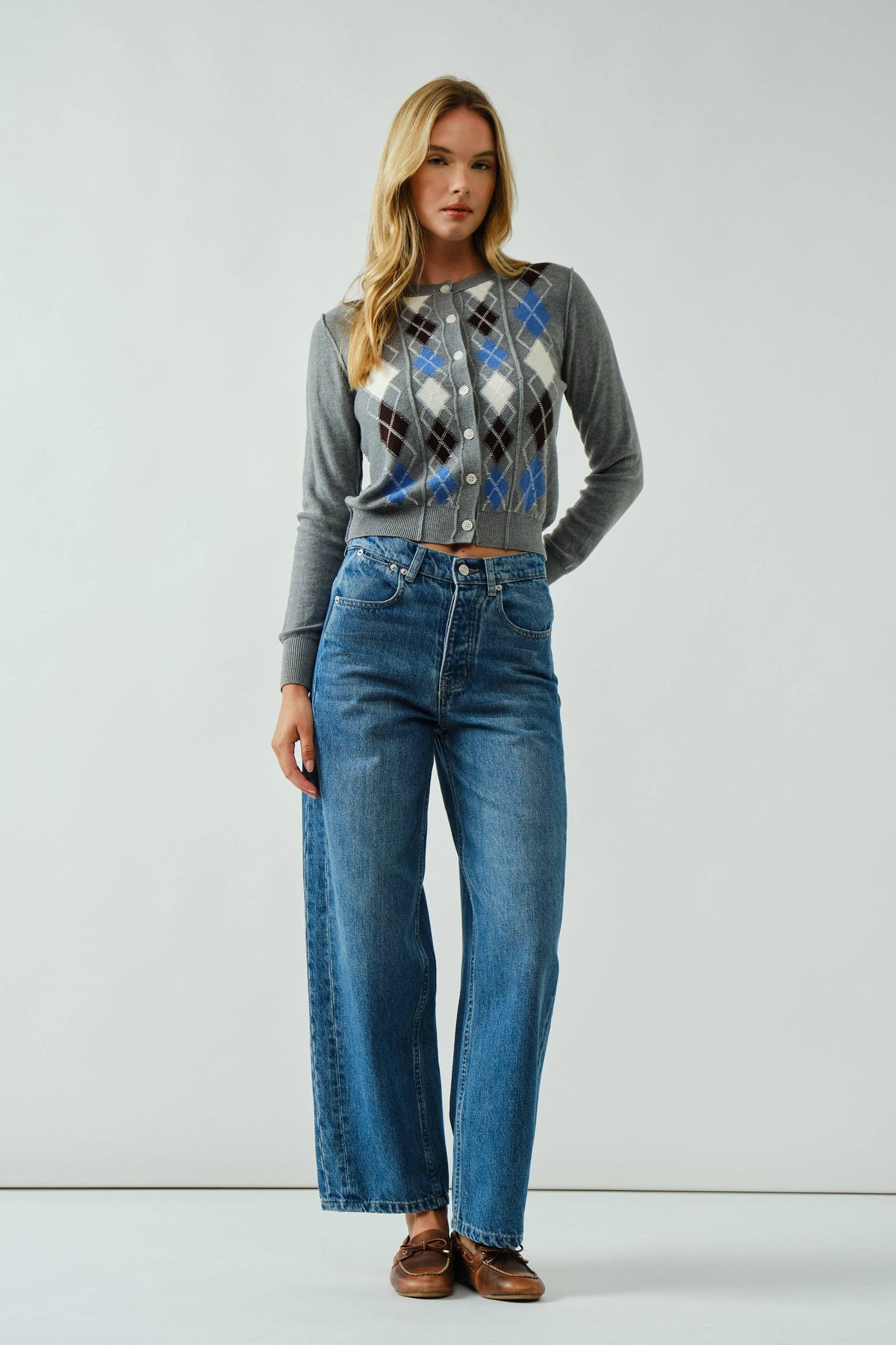 Aaron & Amber - AJT5092 RELAXED FIT ARGYLE SWEATER CARDIGAN: TAUPE / L
