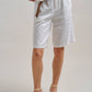 Linen Blend Belted Bermuda Shorts: WHITE