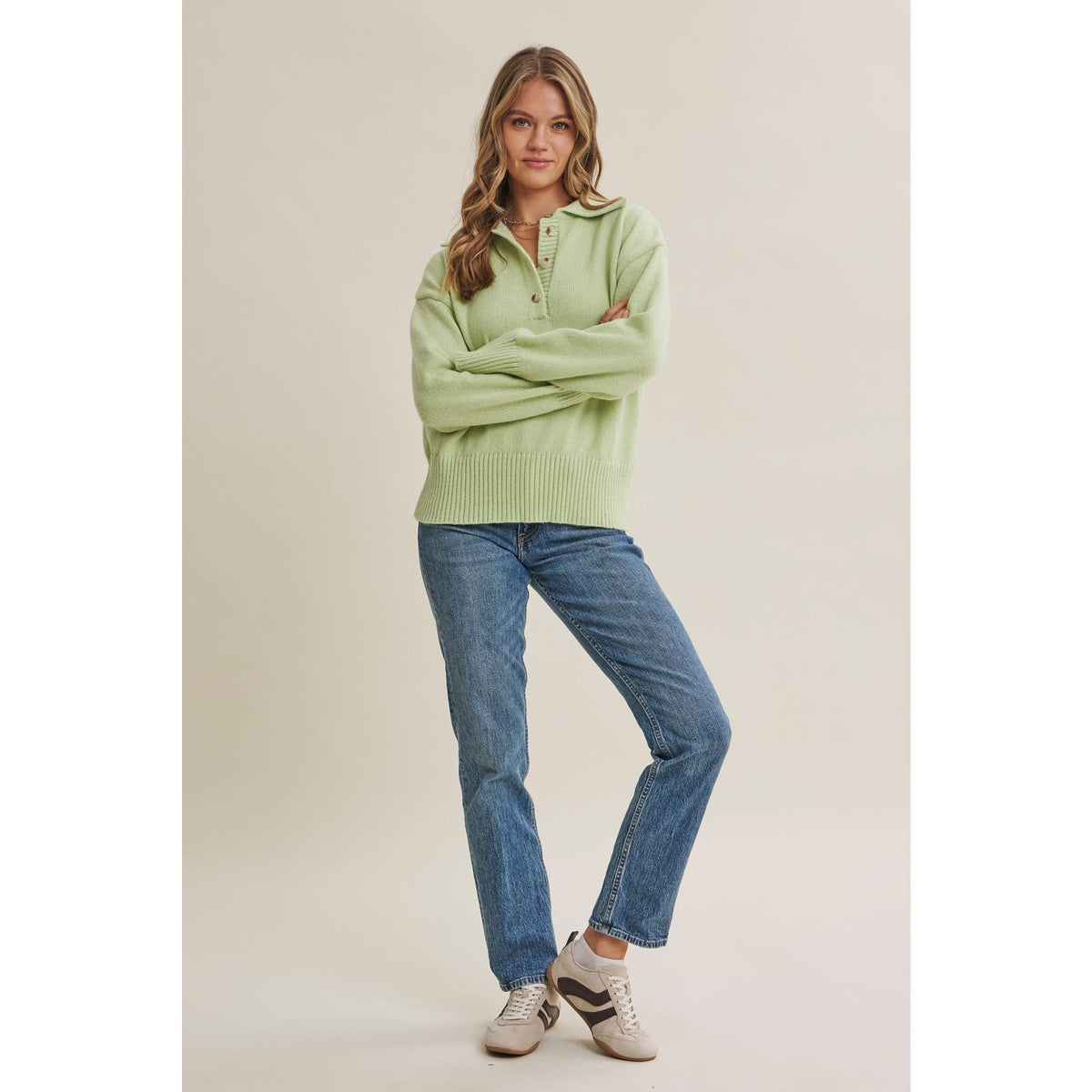 in february - MORNING LIGHT UPLIFTING SOFT PASTEL POLO SWEATER TOP: BUTTER YELLOW / M