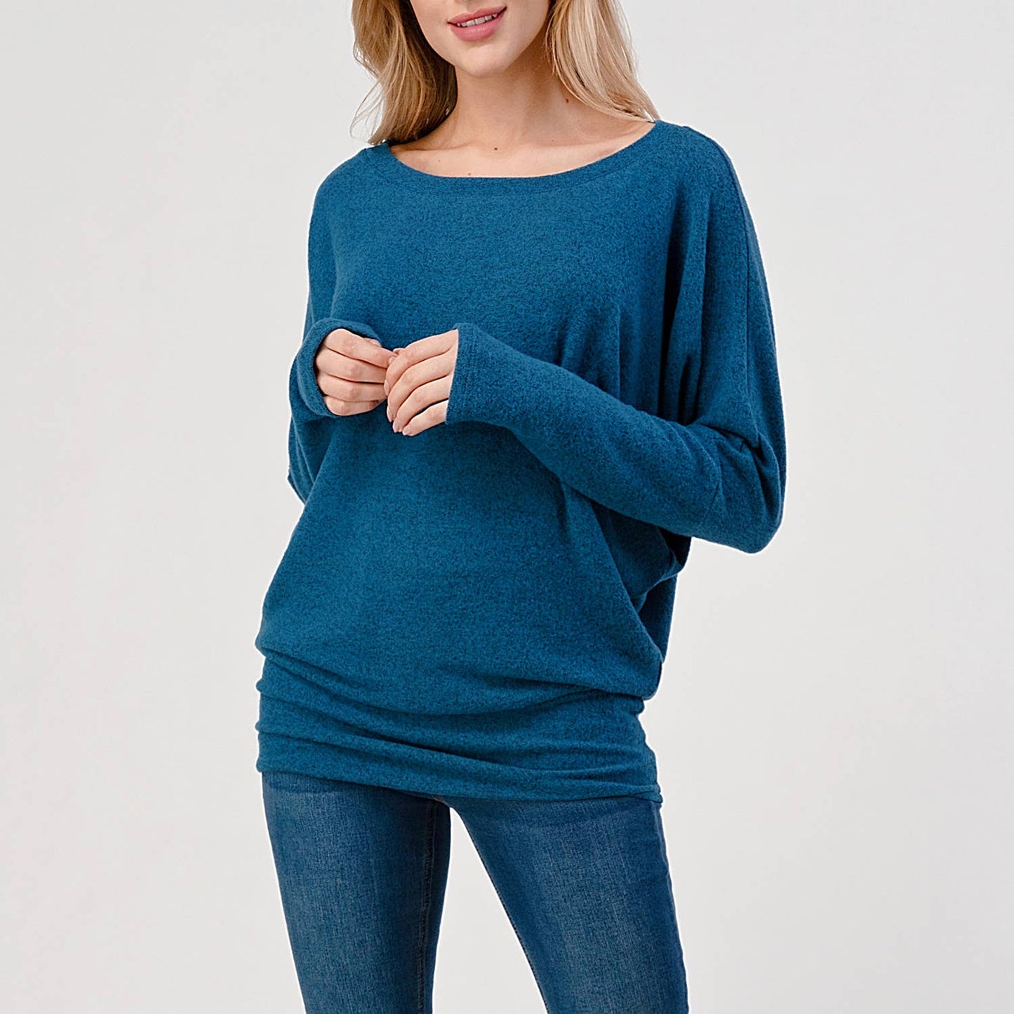 Heimious - Long Dolman Sleeve Round Neck Brushed Knit Top, 2739: Navy / S
