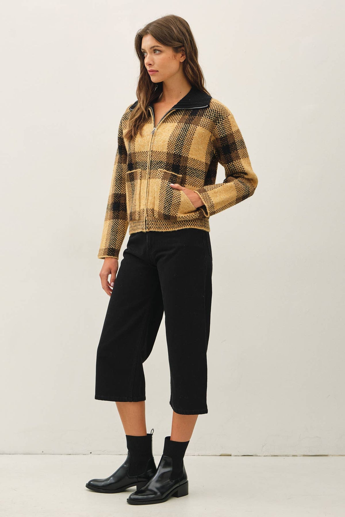 Be Cool - PLAID ZIP UP SWEATER JACKET : BLUE / L