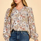 Les Amis - Floral Print Long Sleeve Blouse with Ruffled Neck: Mocha / M