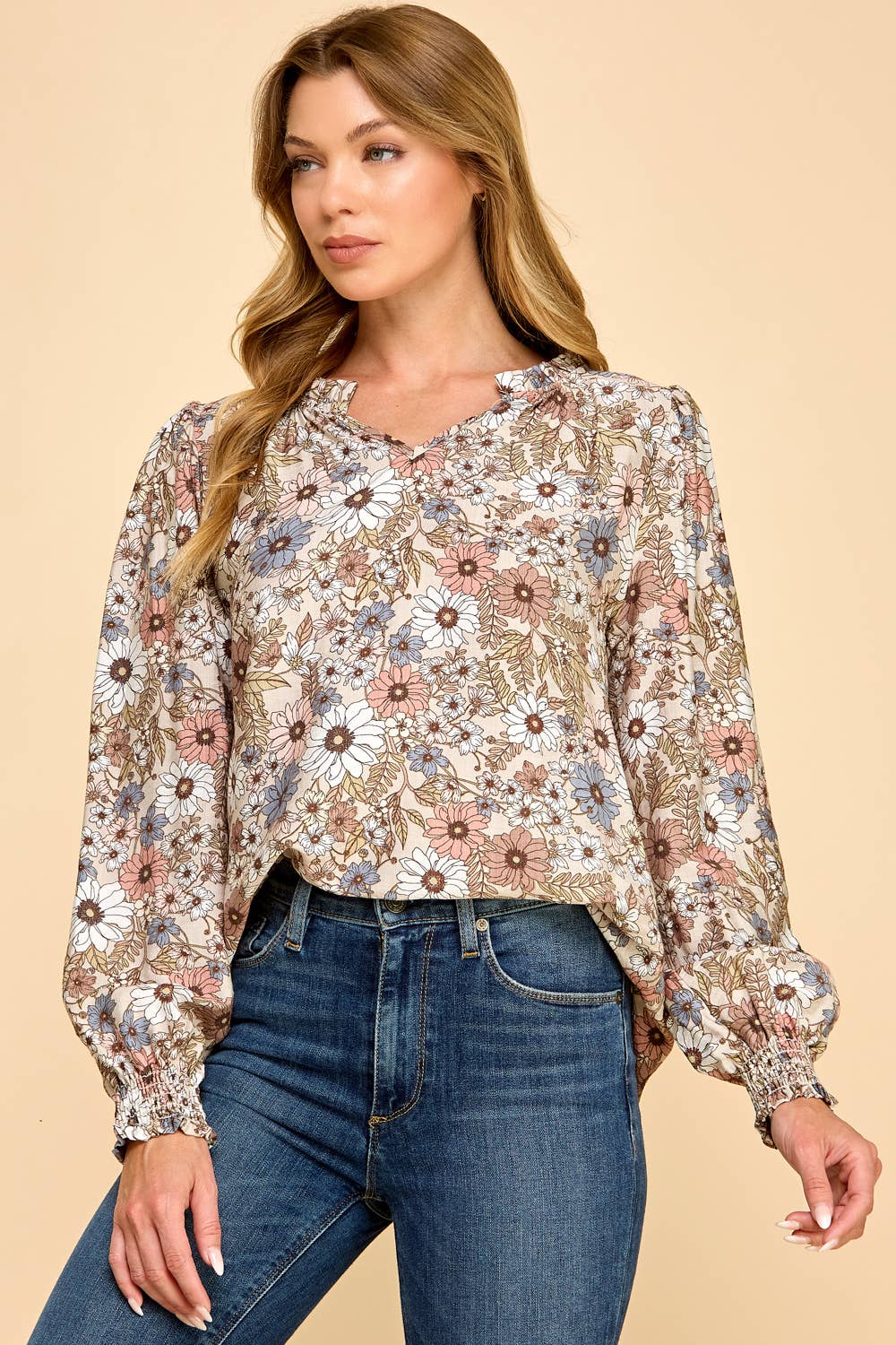 Les Amis - Floral Print Long Sleeve Blouse with Ruffled Neck: Mocha / M