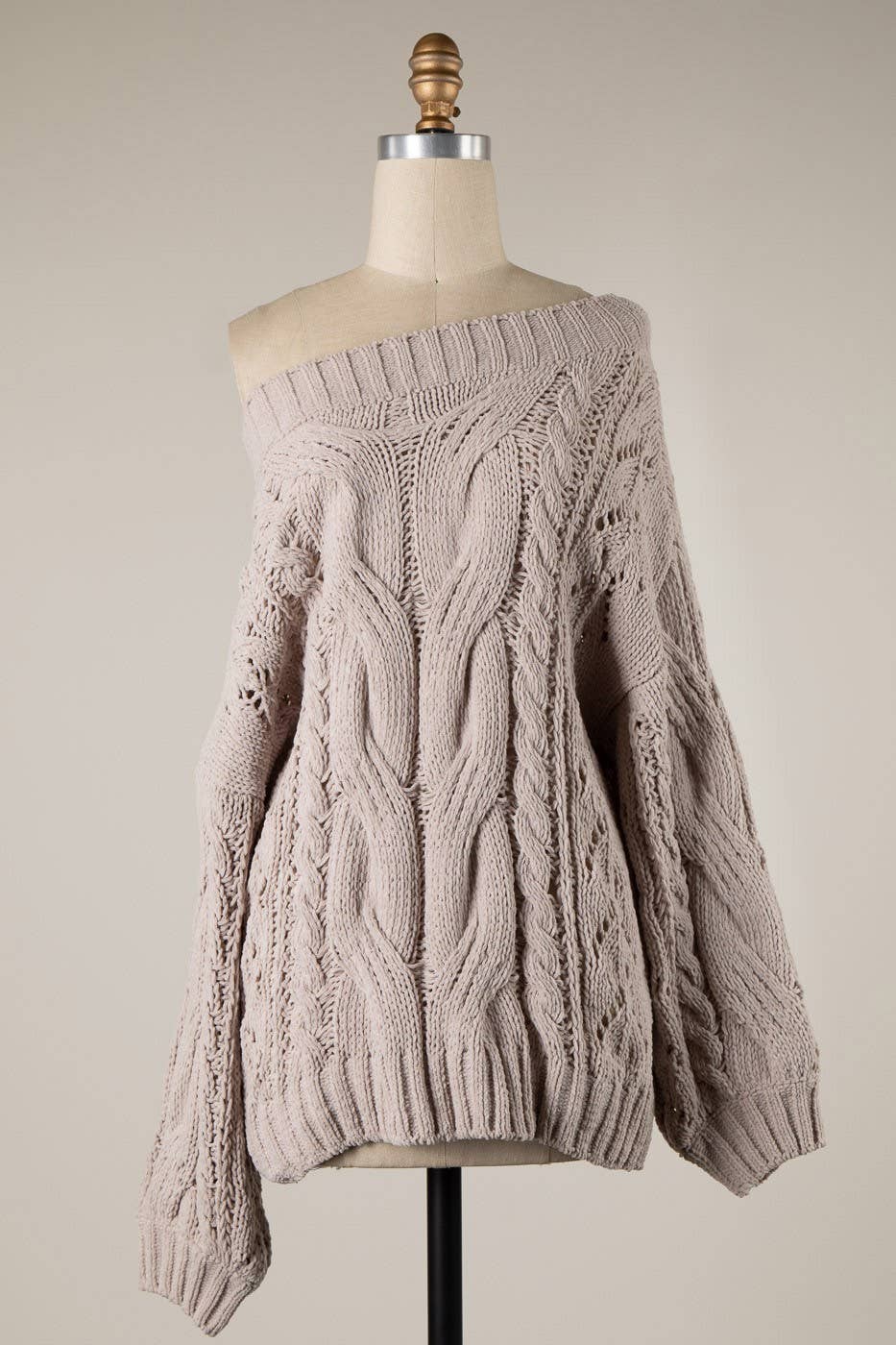 Boat Neck Braid Cable Knit Chenille Tunic Sweater: Nude