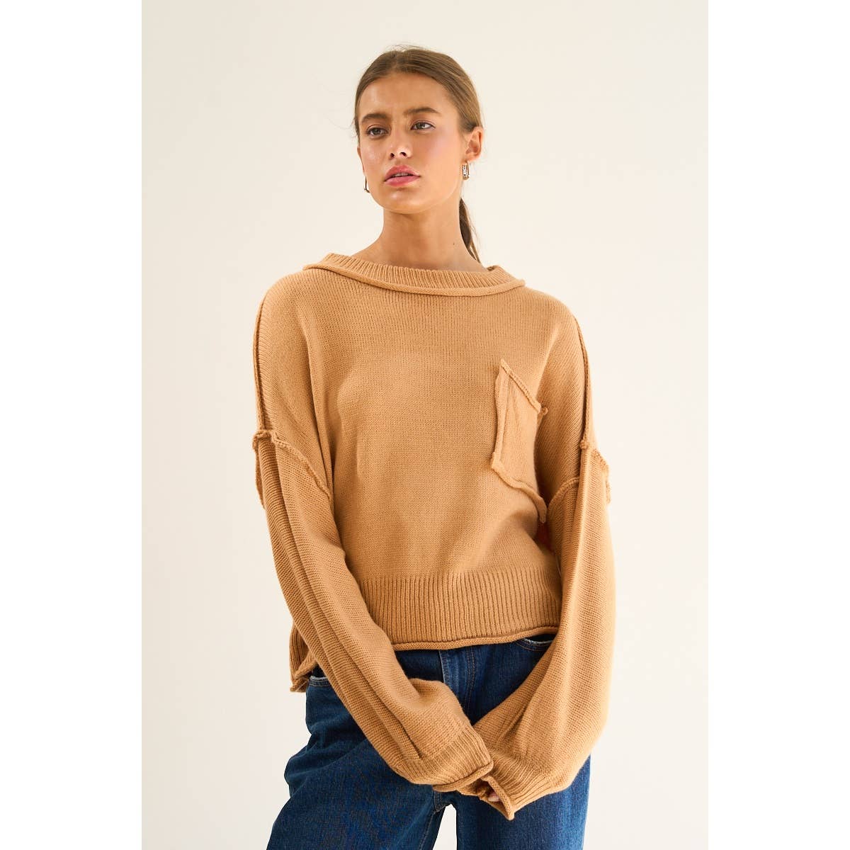 The GREii - Exposed Seam Knit Sweater: CAMEL / L