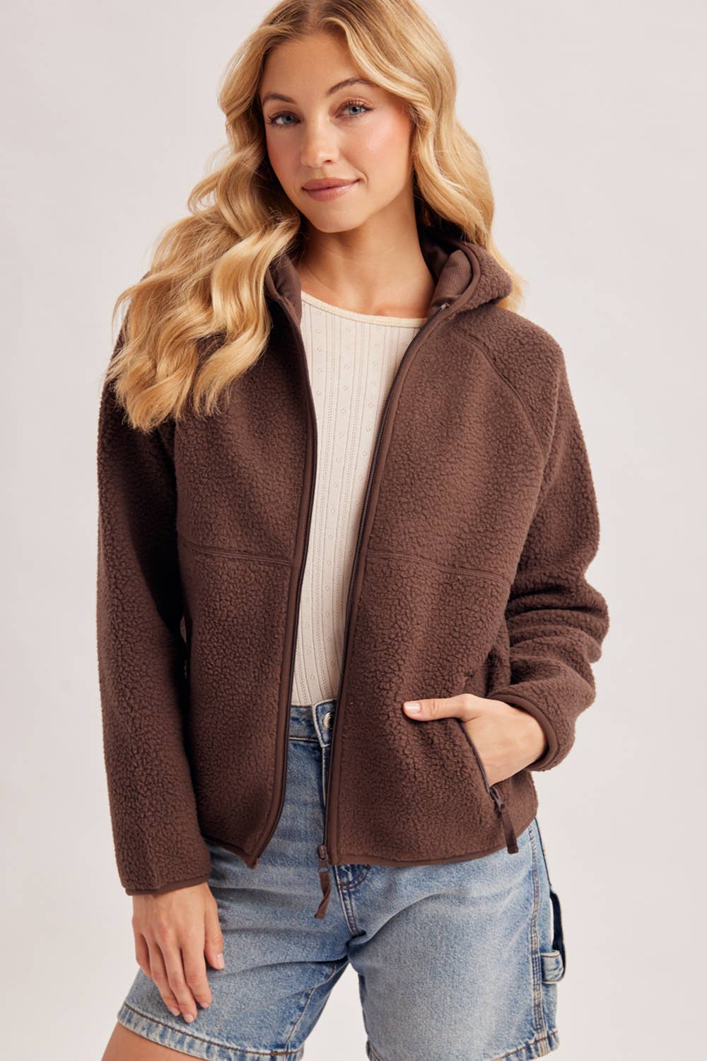 Bluivy - SOFT SHERPA FLEECE ZIPPER FRONT HOODIE JACKET: WINE / M