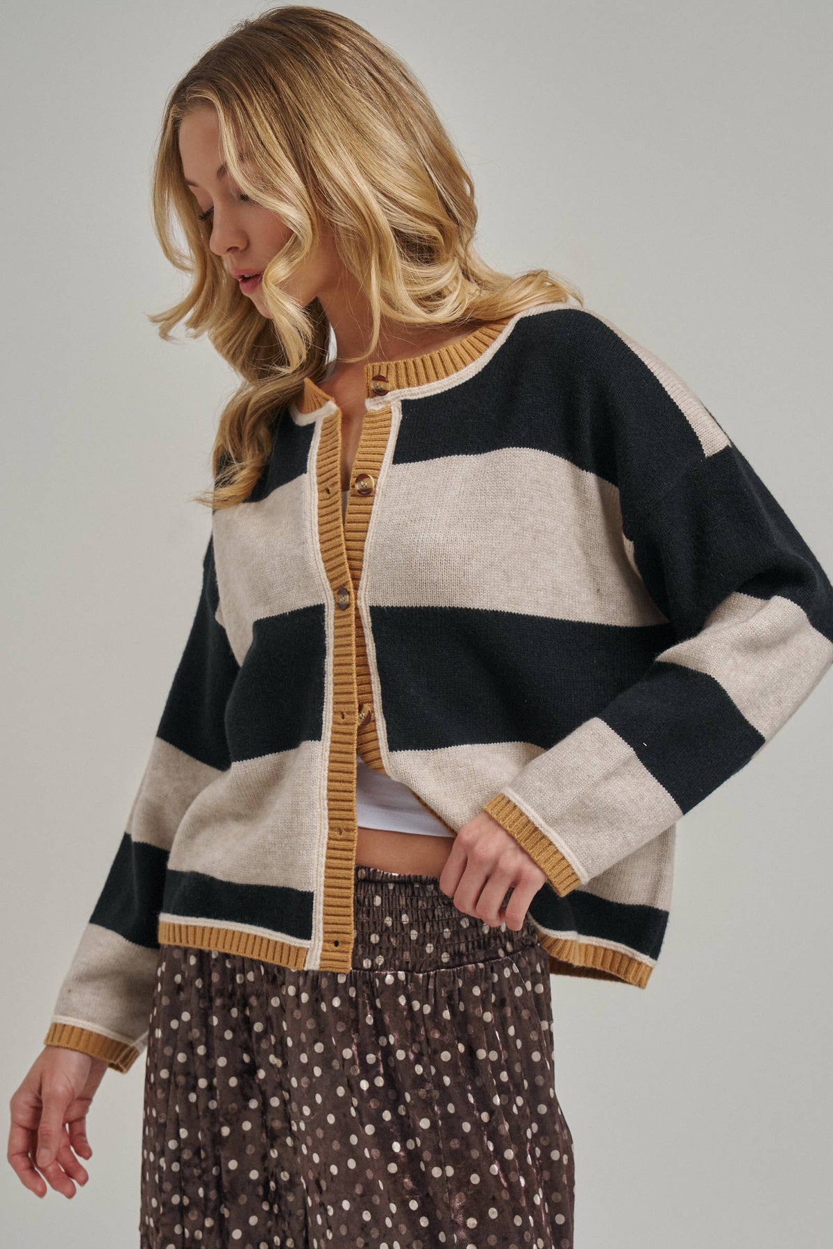 BON - WIDE STRIPE EVERYDAY COZY FALL SWEATER CARDIGAN_JLT00445-01: BLUE/BROWN / S-M-L(2-2-2)