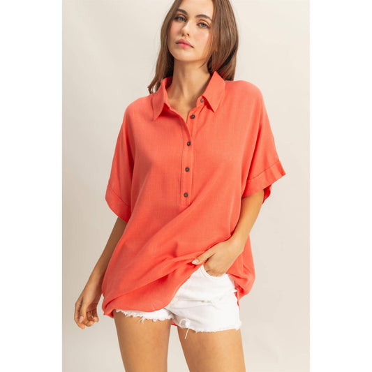 Dropped Shoulders Half Placket Shirt: ORANGE