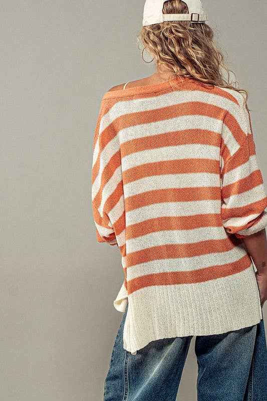 Cozy and Free Striped Cardigan: BURNT SIENNA/CREAM
