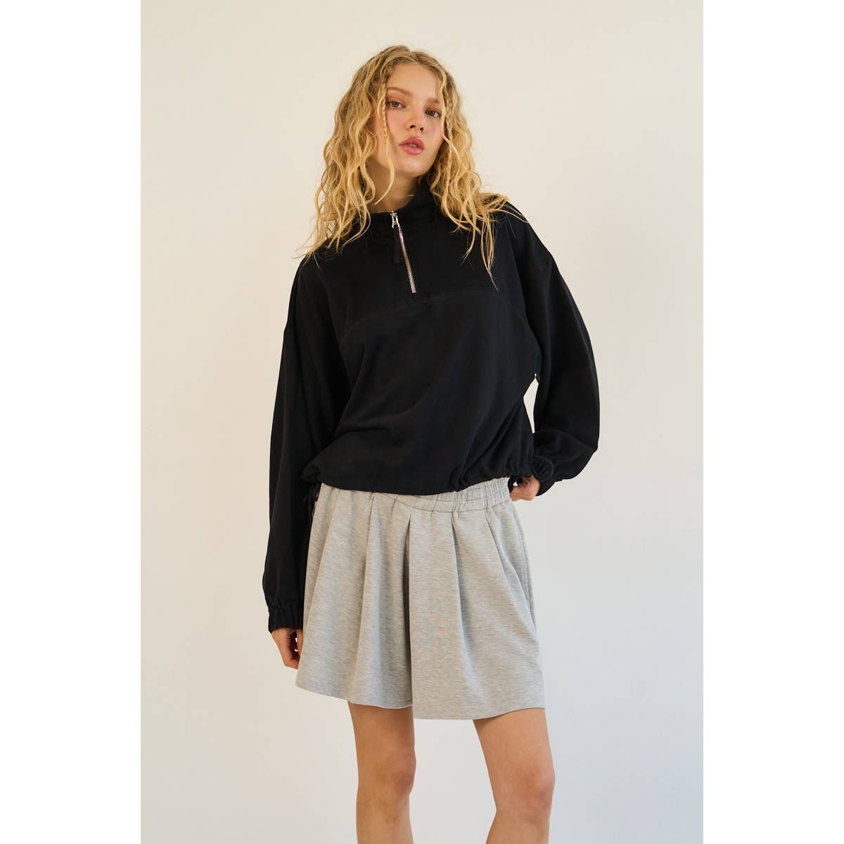 The GREii - Premium Terry Half-Zip Pullover with Adjustable Drawstring H: BLACK / L