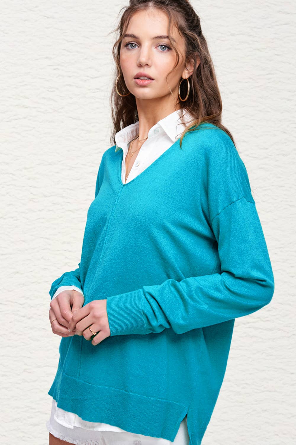 La Miel - JBS3122-V-neck Long Sleeve Lightweight Knit Top Christmas: Apple Green / M