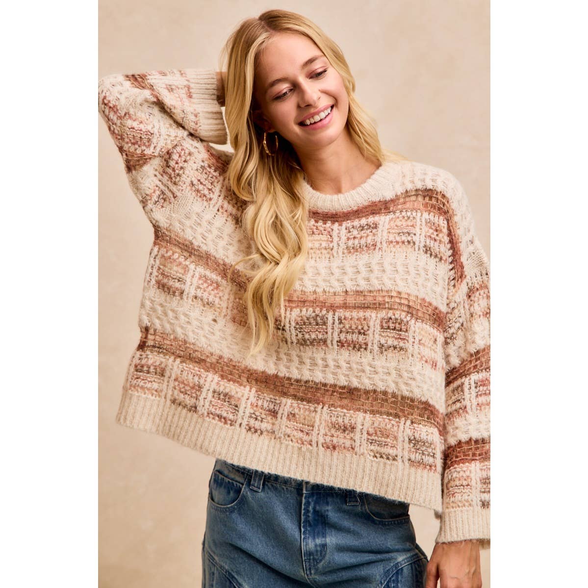 BiBi - VINTAGE SOFT CHECK PATTERN CHUNKY KNIT SWEATER: MOCHA MULTI / L