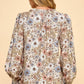 Les Amis - Floral Print Long Sleeve Blouse with Ruffled Neck: Mocha / L