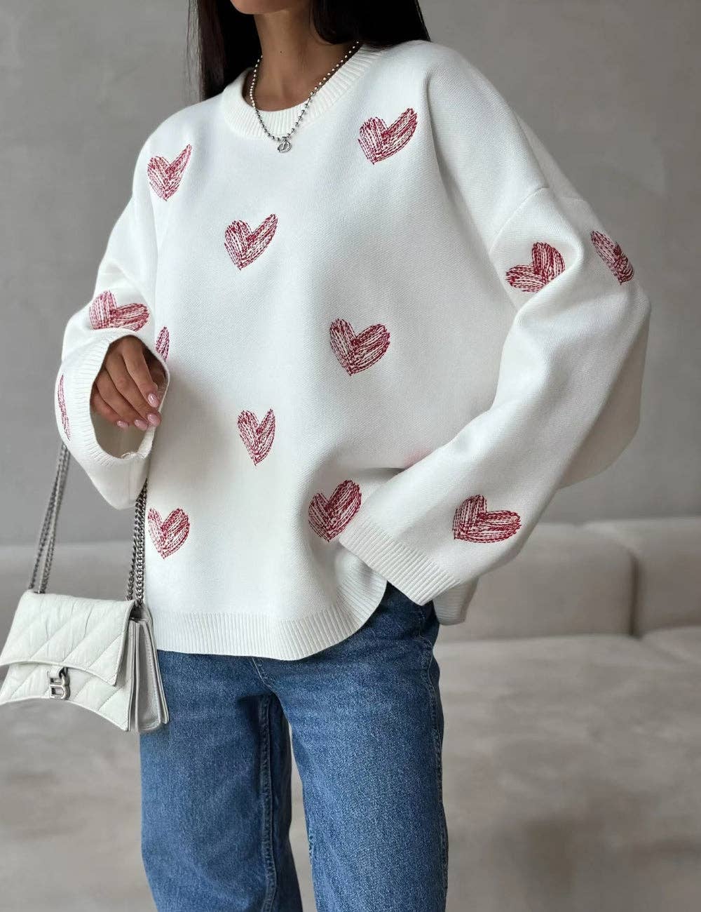 Ladies Color Block Heart Pullover Sweater: GREY