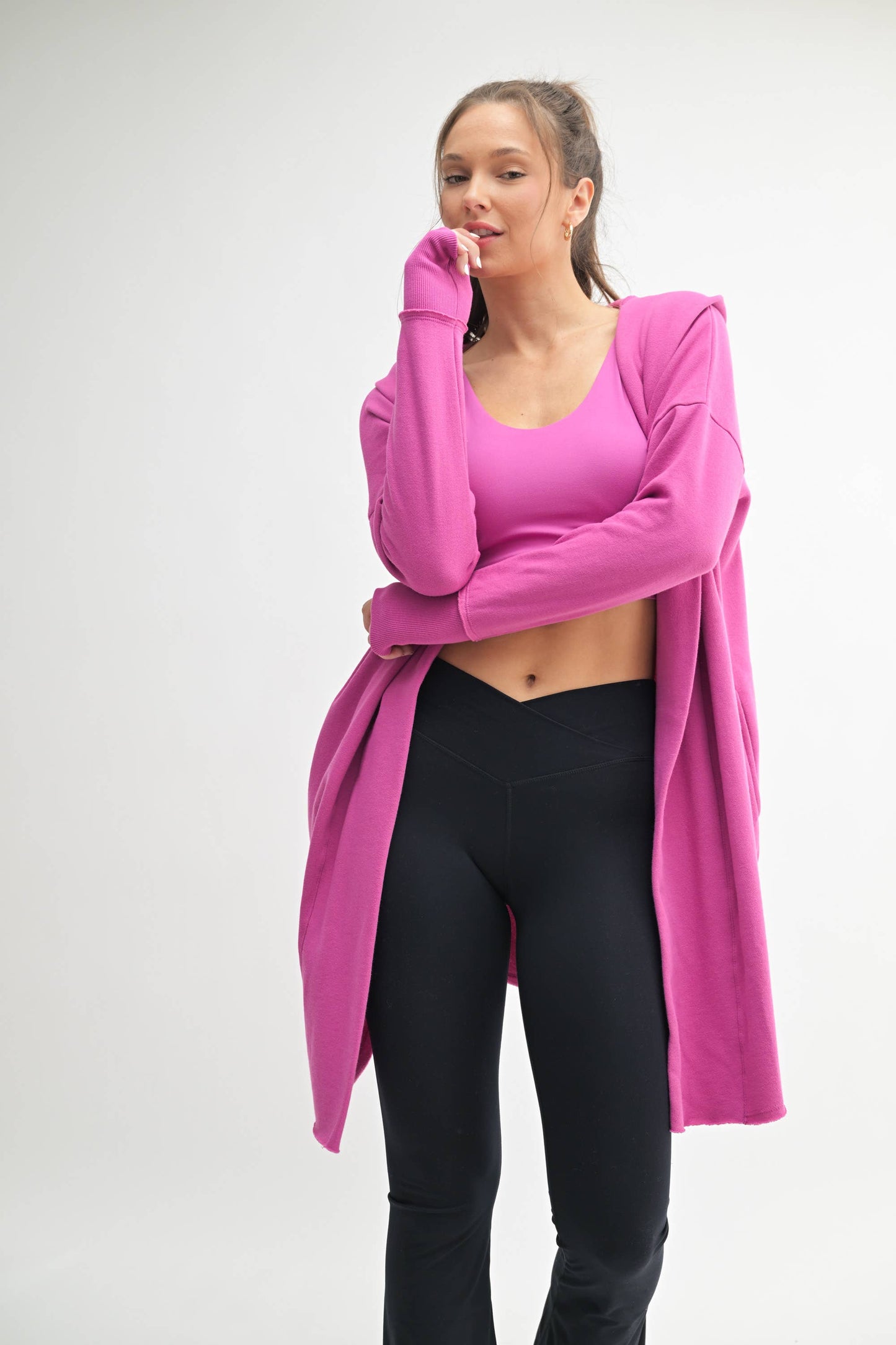 Open Front Longline Hoodie Cardigan: NATURAL