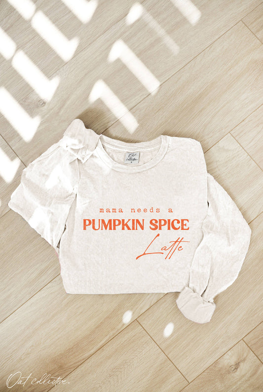 MAMA NEEDS A PUMPKIN  Mineral Washed Long Sleeve Graphic : CREAM