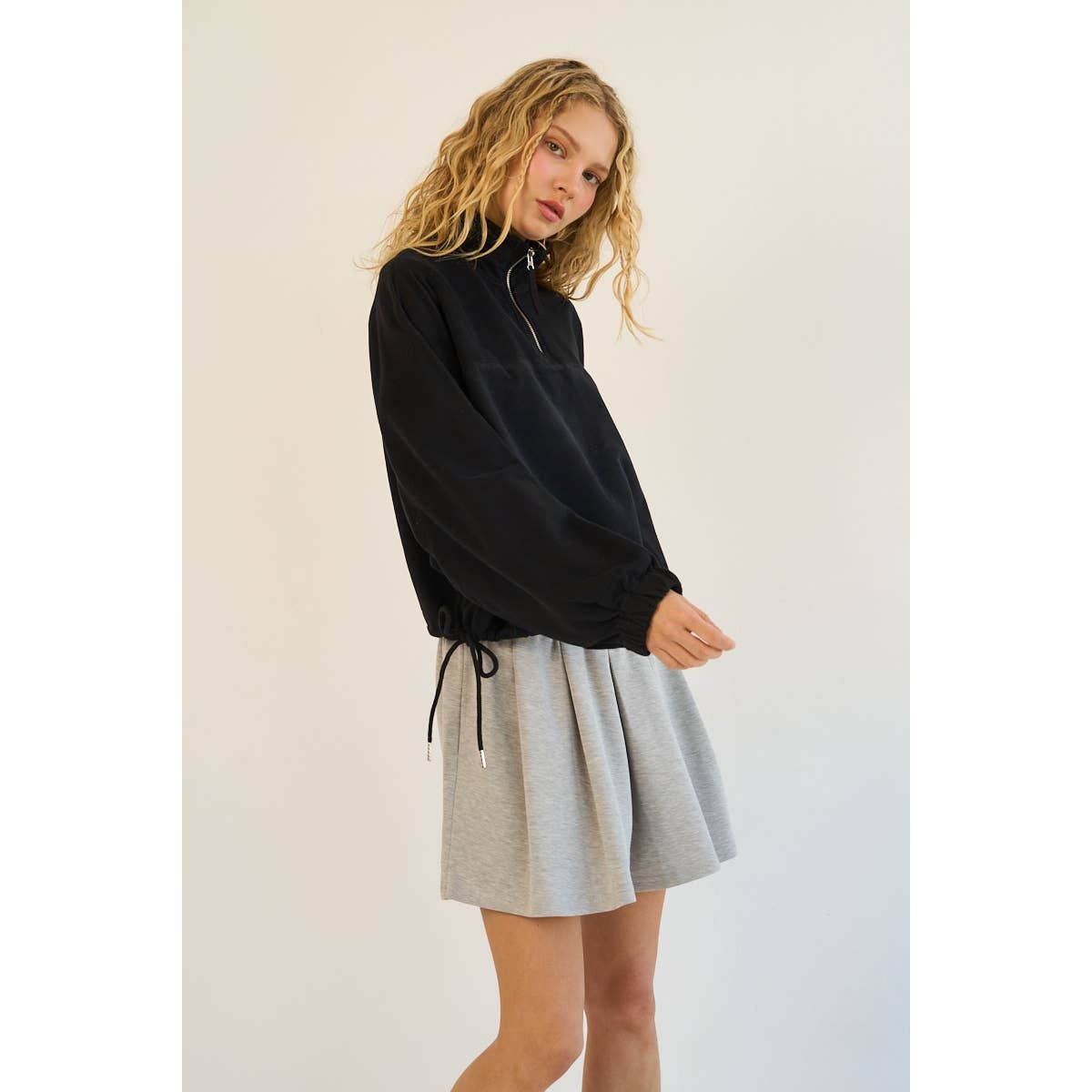 The GREii - Premium Terry Half-Zip Pullover with Adjustable Drawstring H: BLACK / M