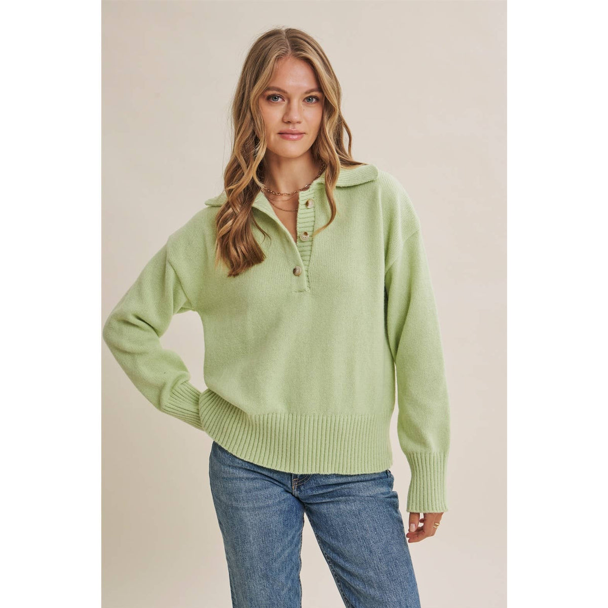 in february - MORNING LIGHT UPLIFTING SOFT PASTEL POLO SWEATER TOP: BUTTER YELLOW / L