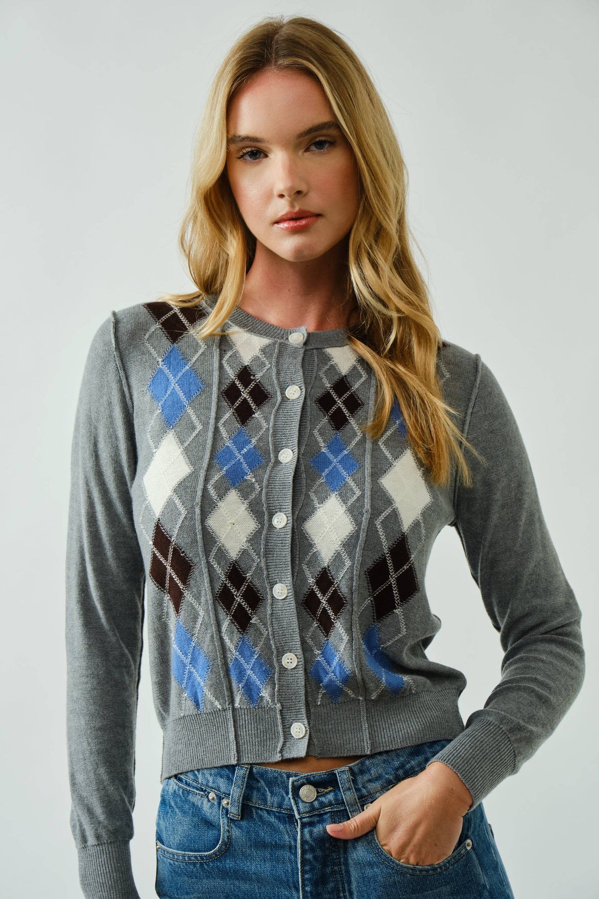 Aaron & Amber - AJT5092 RELAXED FIT ARGYLE SWEATER CARDIGAN: TAUPE / L