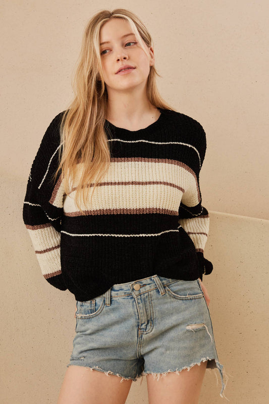 Round Neck Color Blocked Sweater with Stripes