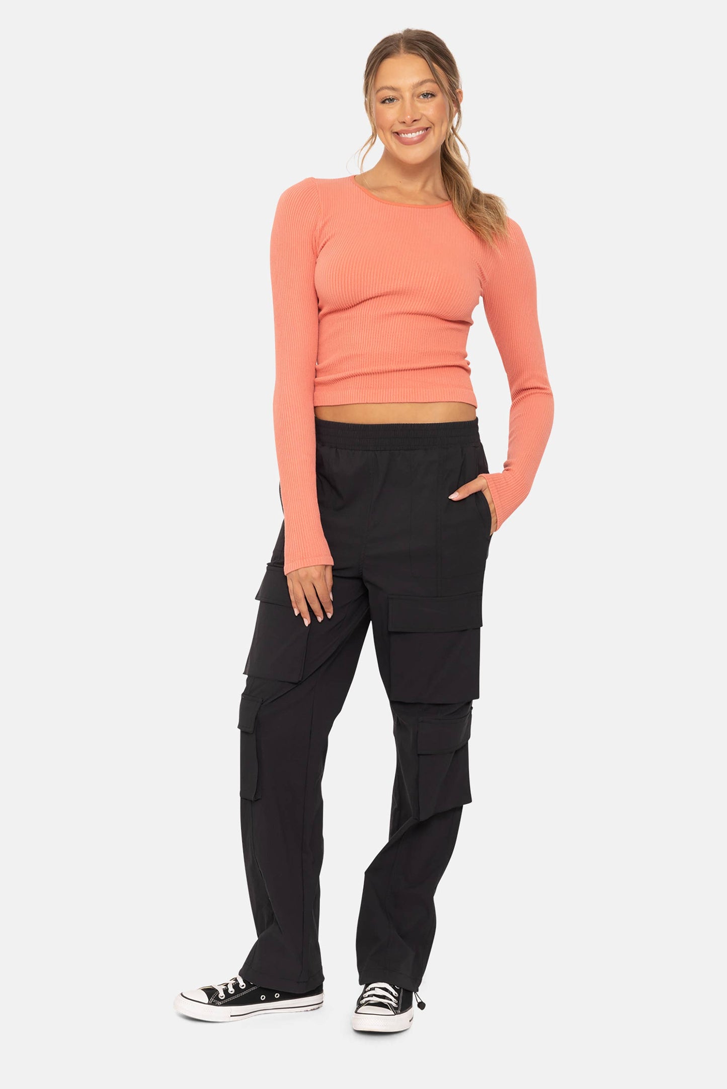 Seamless Ribbed Long Sleeve Top: BLACK