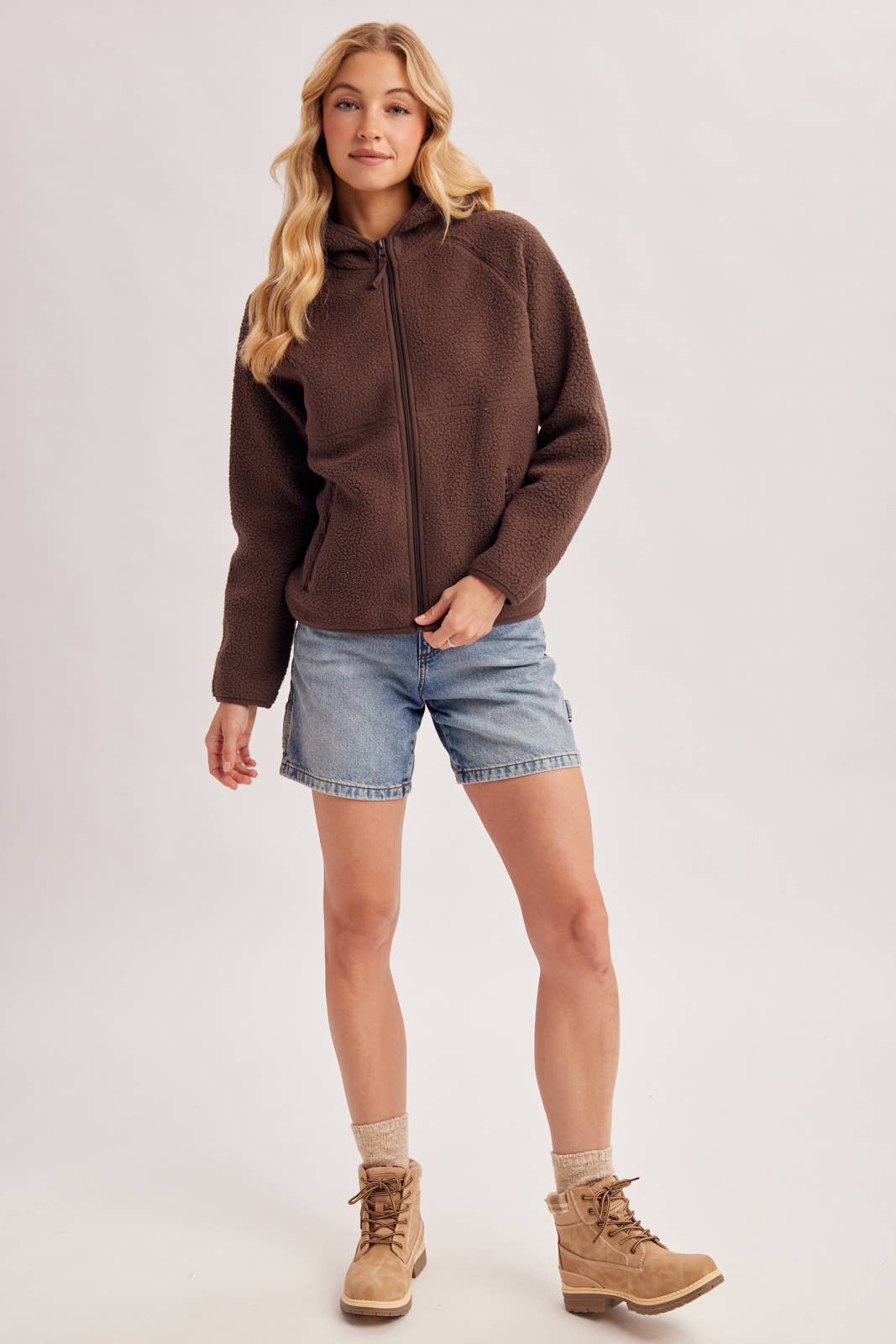 Bluivy - SOFT SHERPA FLEECE ZIPPER FRONT HOODIE JACKET: WINE / M