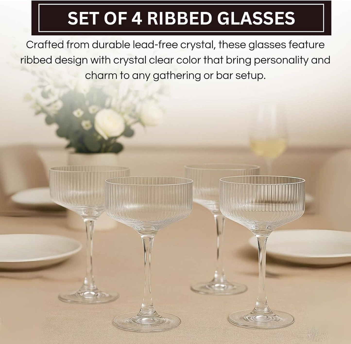 The Wine Savant /  Khen Glassware - Vintage 4 Pcs Ribbed Coupe Glasses, 11 oz 100% Crystal Coupe