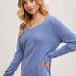 V-Neck Knit Pullover Long Sleeve Top: DENIM