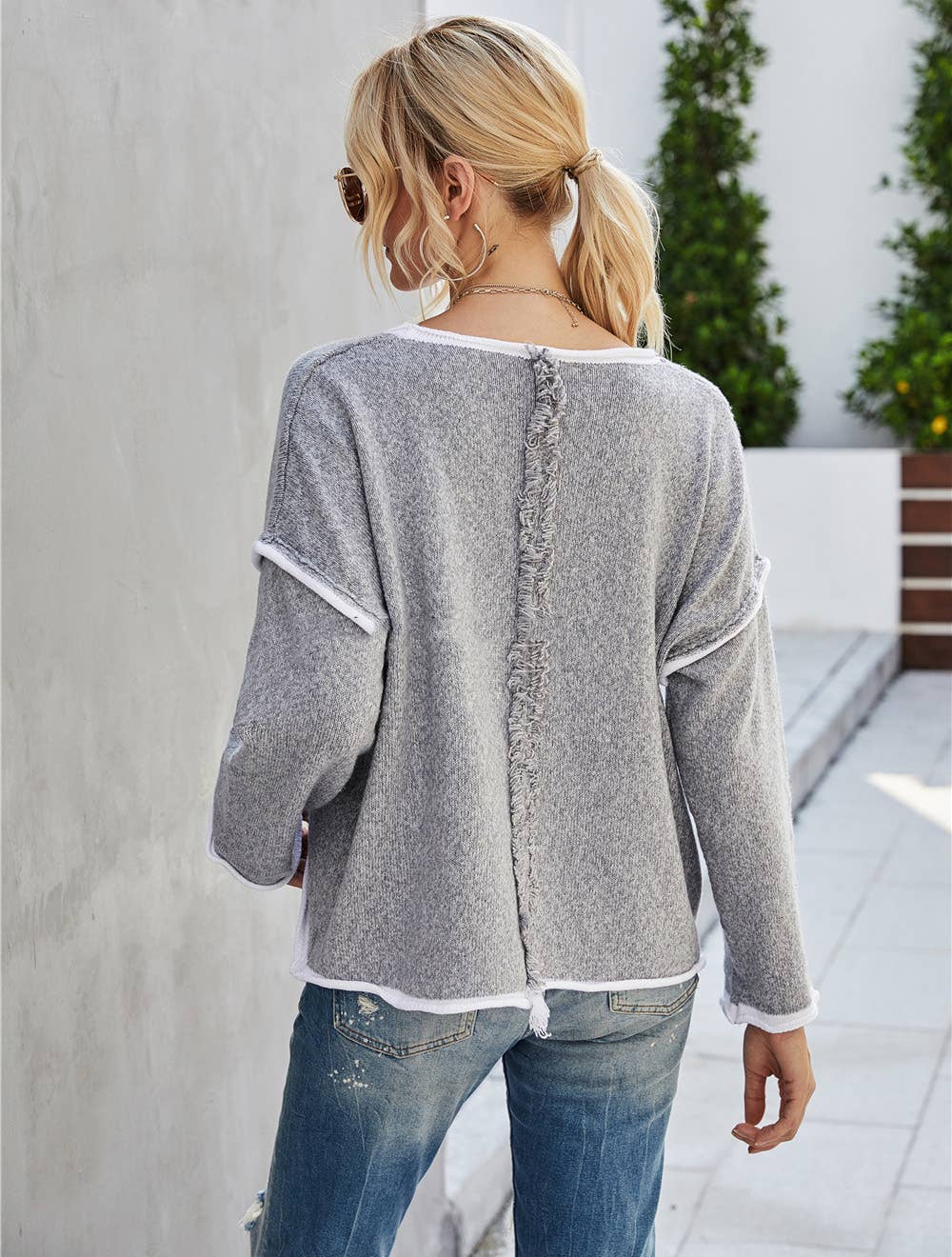 Casual Crew Neck Pullover Long Sleeve Sweater: KHAKI