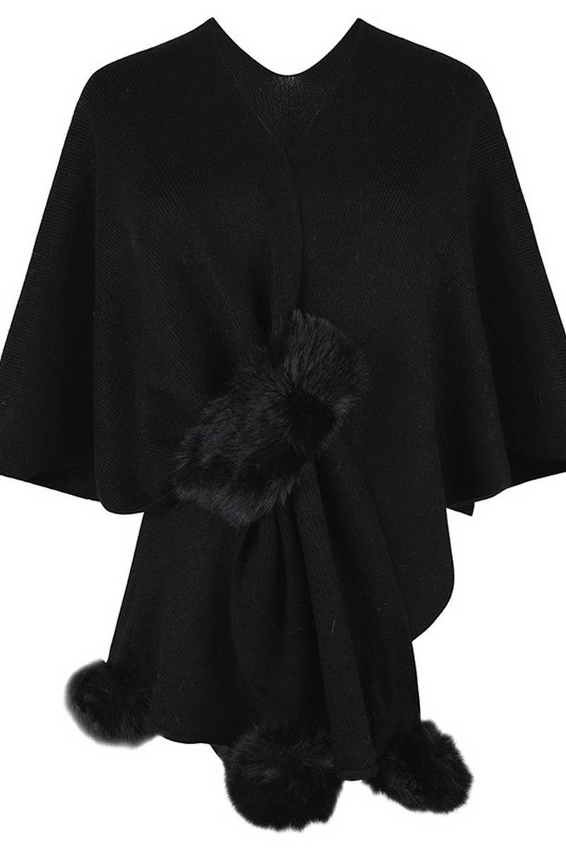 NINEXIS - CWOCAS0052_SOLID COLOR WOOL BALL CAPE KNITTED SHAWL: BLACK / (OS) 1