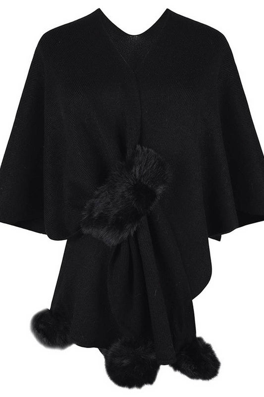 NINEXIS - CWOCAS0052_SOLID COLOR WOOL BALL CAPE KNITTED SHAWL: BLACK / (OS) 1