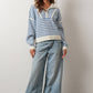 Creamon - Preppy Californian Half-zip Striped Sweater-BLUE: BLACK / S