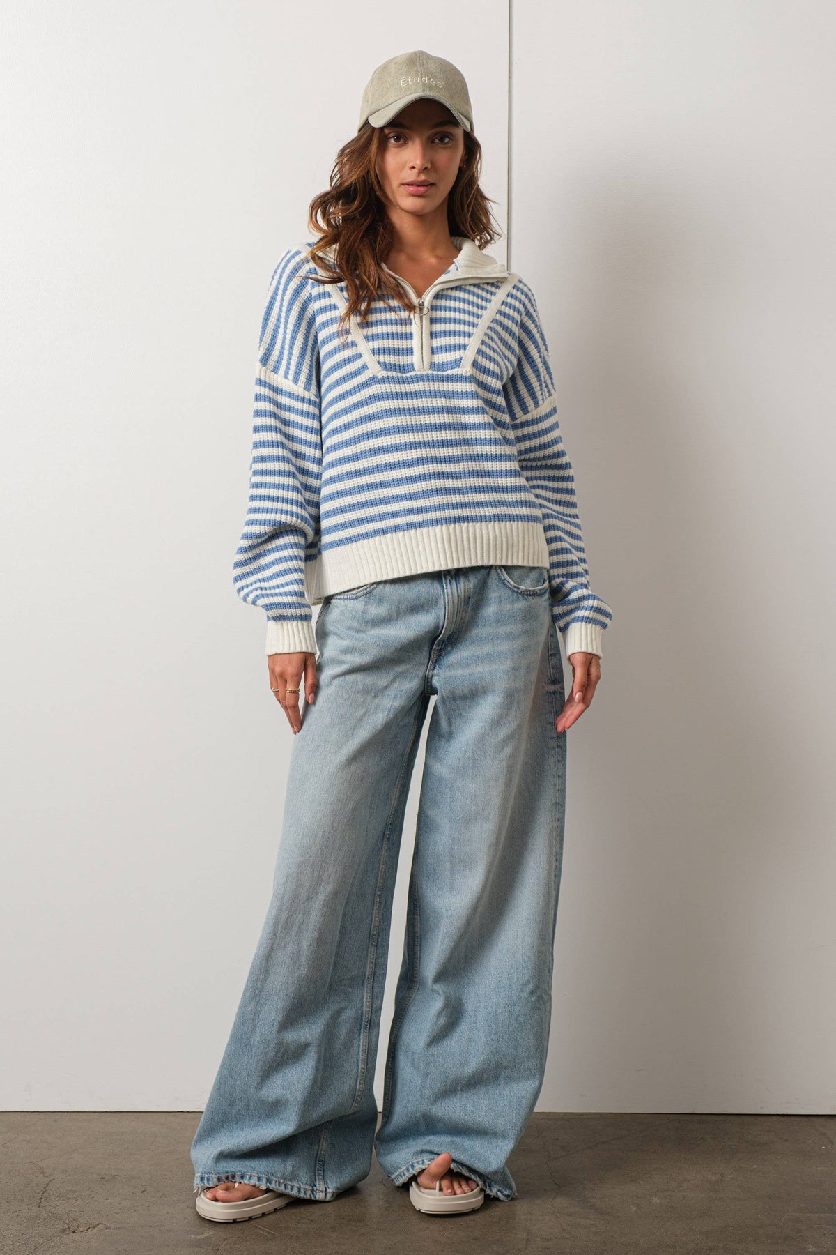 Creamon - Preppy Californian Half-zip Striped Sweater-BLUE: BLACK / S