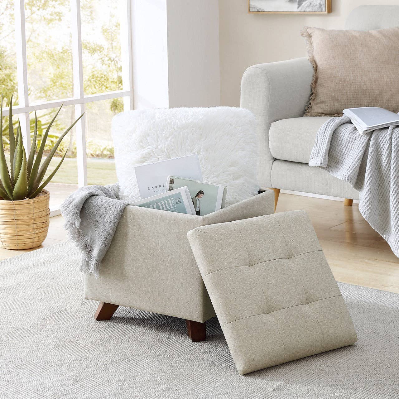 Tufted Square Storage Ottoman with Lift Off Lid: Linen Beige