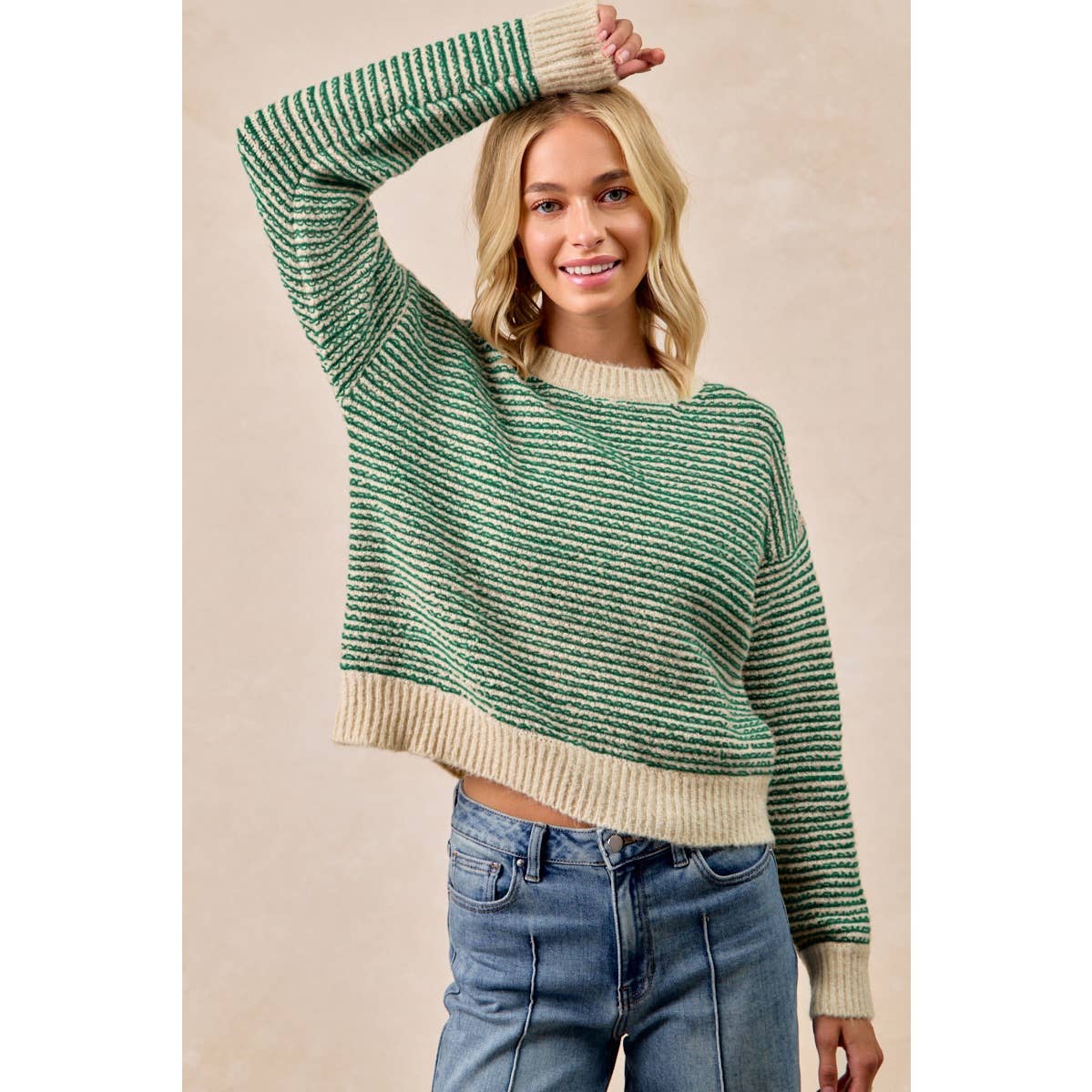 BiBi - TWO TONE STRIPED SWEATER TOP: CHARCOAL / L