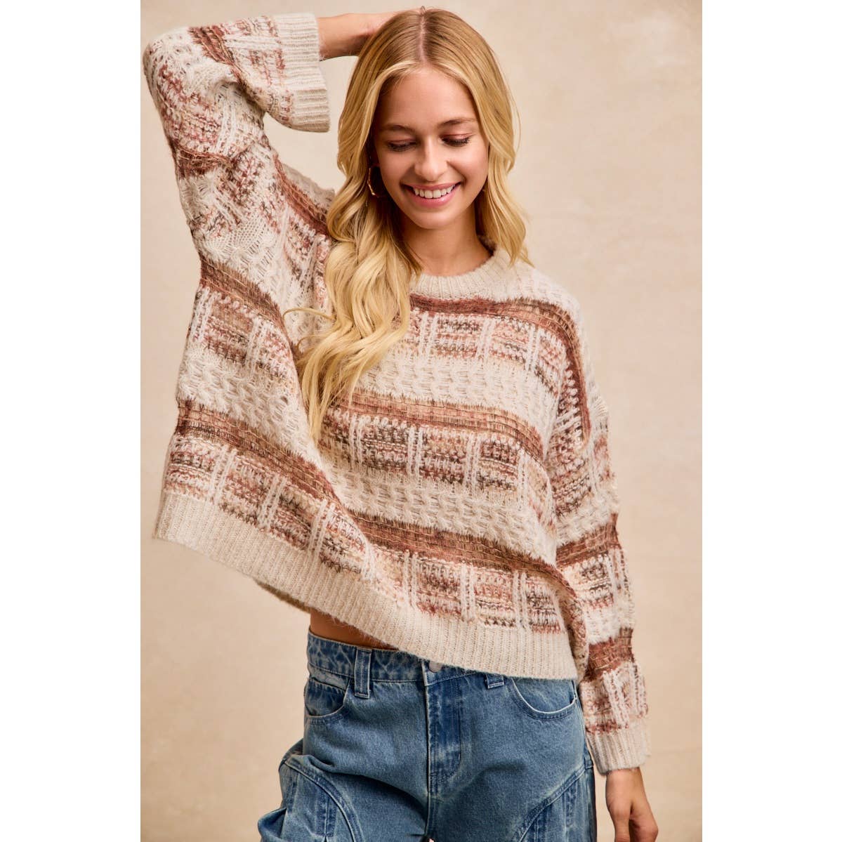 BiBi - VINTAGE SOFT CHECK PATTERN CHUNKY KNIT SWEATER: MOCHA MULTI / XL