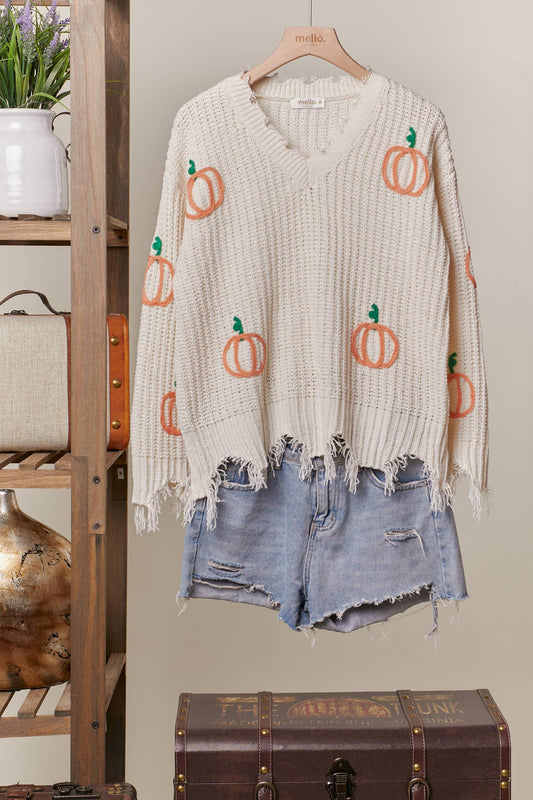 V Neck Distressed Hem Sweater with Pumpkin Patch