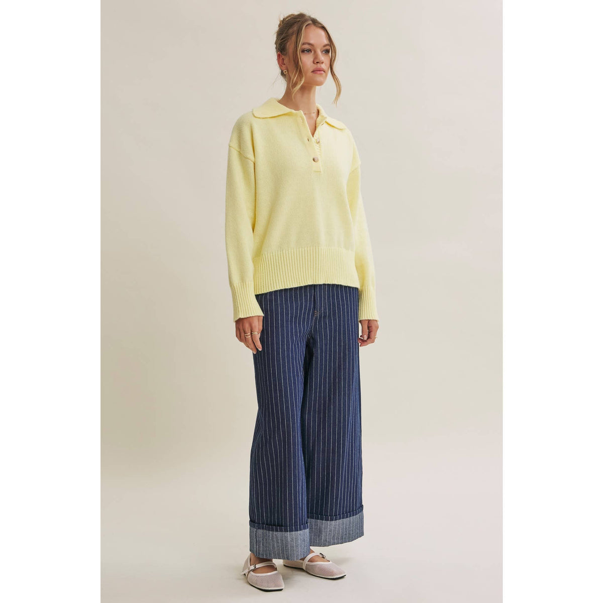 in february - MORNING LIGHT UPLIFTING SOFT PASTEL POLO SWEATER TOP: BUTTER YELLOW / S