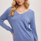 V-Neck Knit Pullover Long Sleeve Top: DENIM