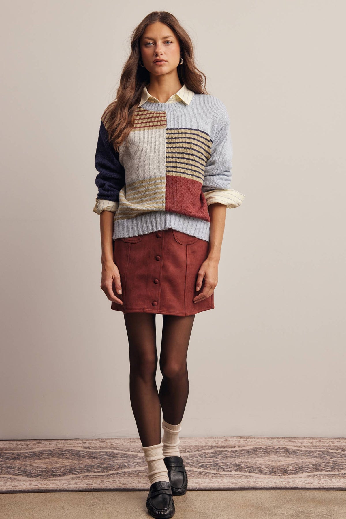 Forte - Colorblock Mixed Stripe Knit Sweater FSW0099: Blue Multi / Contemporary / L