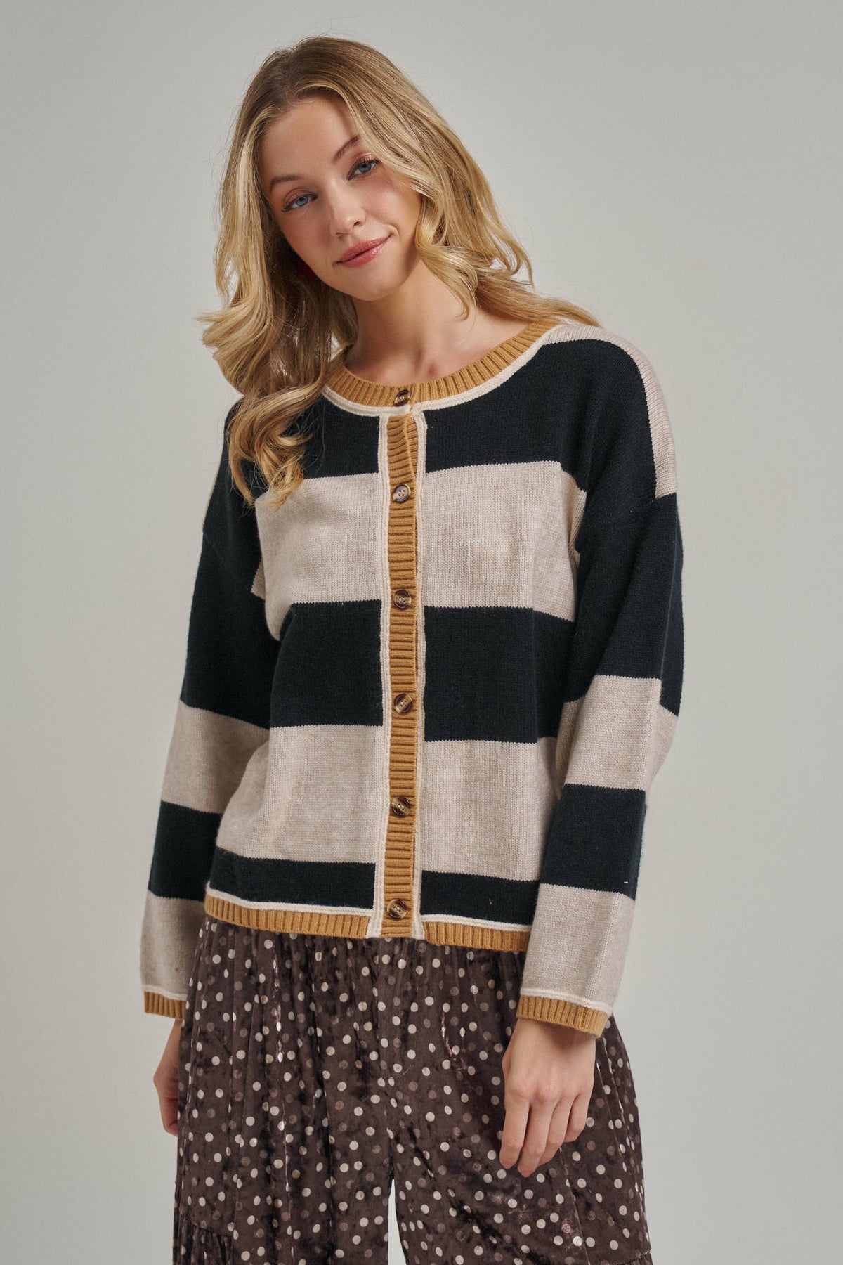 BON - WIDE STRIPE EVERYDAY COZY FALL SWEATER CARDIGAN_JLT00445-01: BLUE/BROWN / S-M-L(2-2-2)