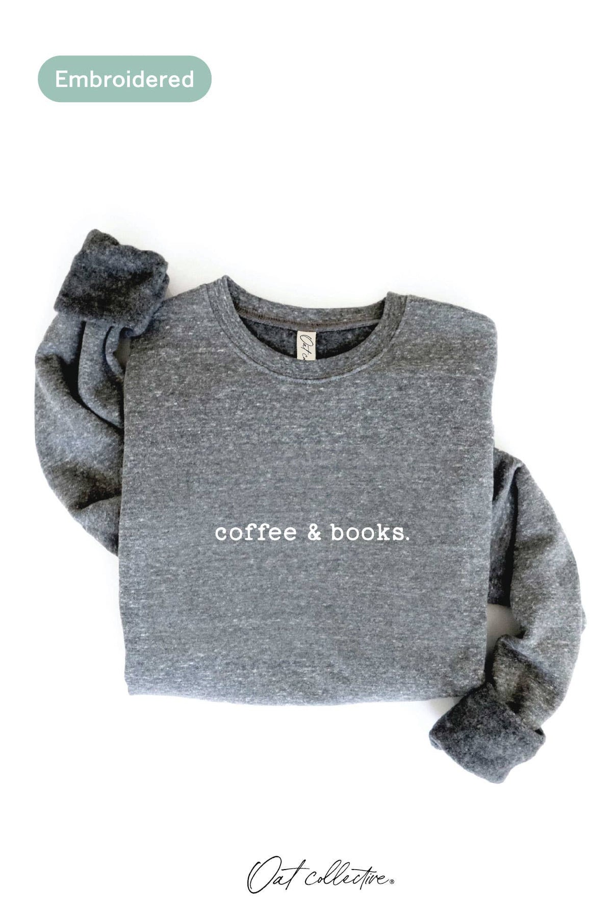 OAT COLLECTIVE - EMBROIDERED COFFEE AND BOOKS Sweatshirt Pullover Relaxed Fit: VINTAGE WHITE LONG SLEEVE / M