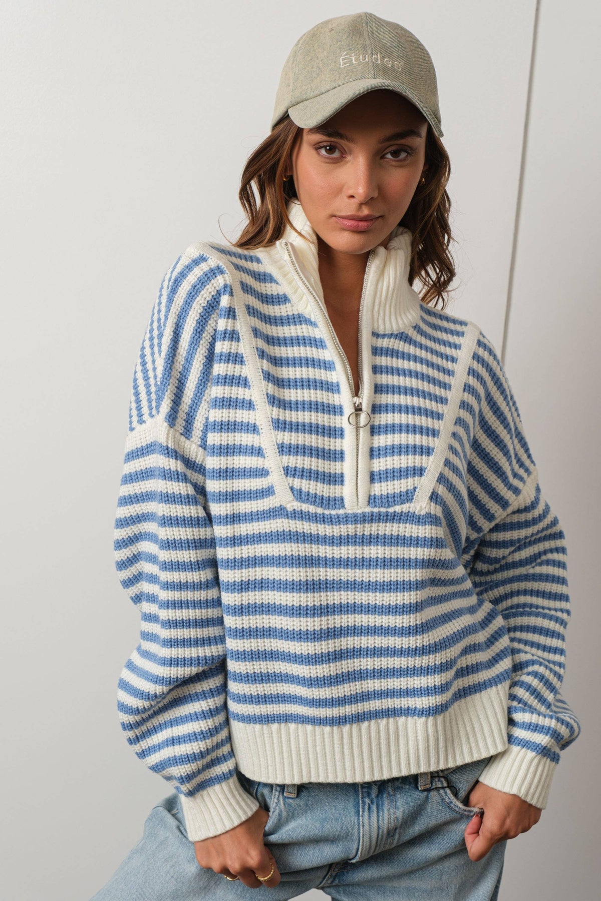 Creamon - Preppy Californian Half-zip Striped Sweater-BLUE: BLACK / L